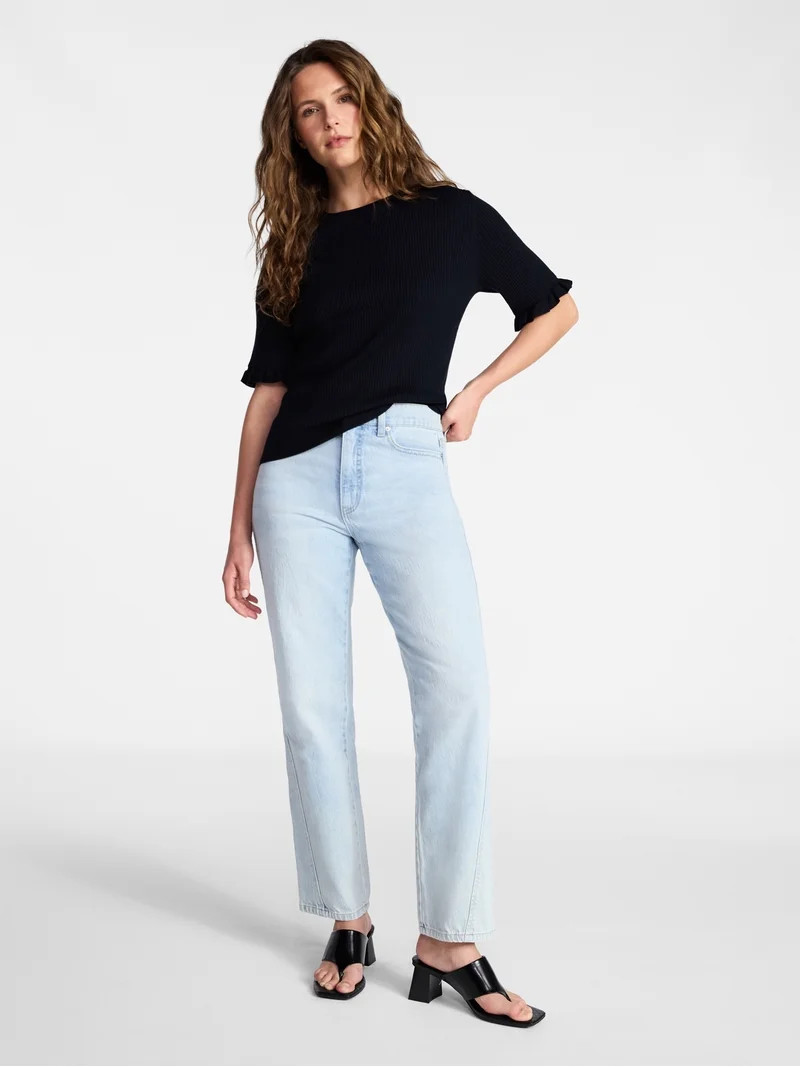 Time and Tru Women's Ribbed Sweater with Flounce Sleeves, Midweight, Sizes XS-XXXL | Walmart (US)