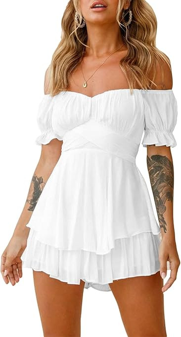 Fixmatti Women Boho Romper Off Shoulder Ruffle Chiffon Shorts Jumpsuit Playsuits | Amazon (US)