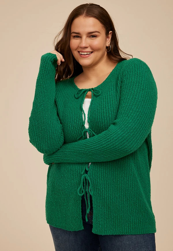 Plus Size Tie Front Ribbed Cardigan | Maurices