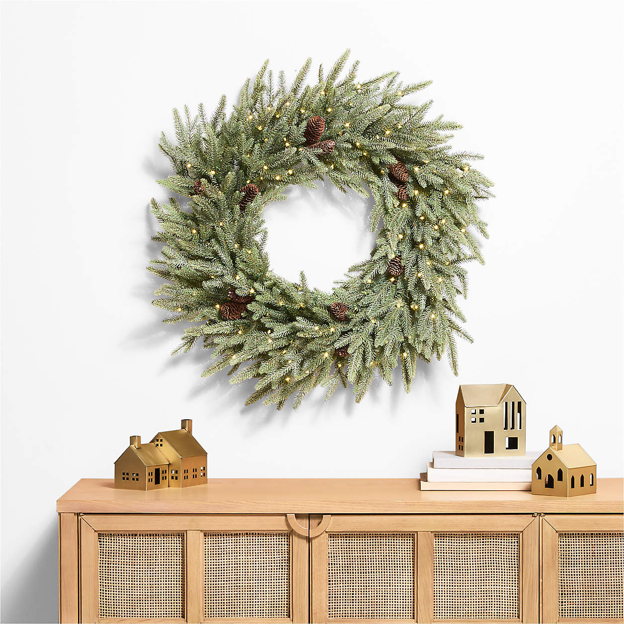 Faux Frosted Pre-Lit LED Norway Spruce Wreath 30" + Reviews | Crate & Barrel | Crate & Barrel