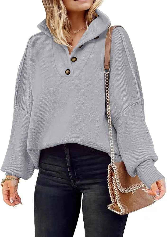 LILUSSORY Women's Long Sleeve Button Up Drop Shoulder Sweaters Fall Oversized Slit Side Knit Pullove | Amazon (US)