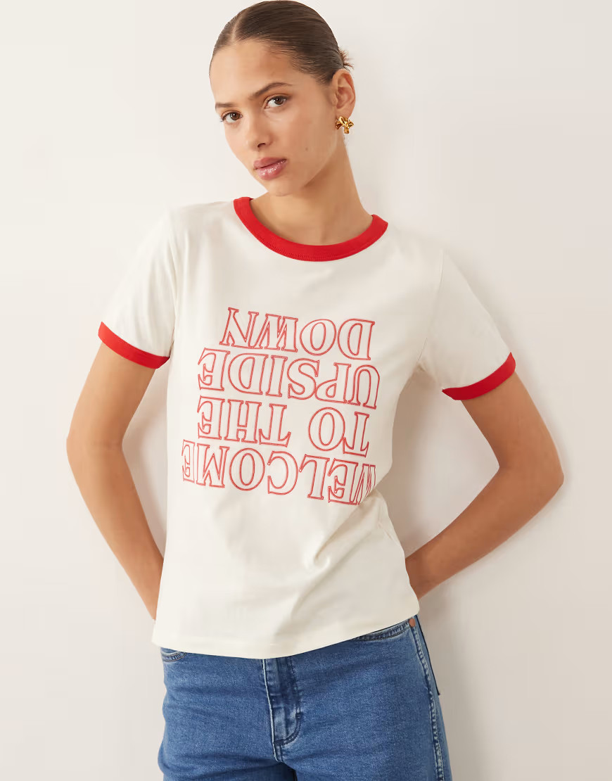 Wrangler x Stranger Things upside down graphic print ringer t-shirt in white | ASOS (Global)