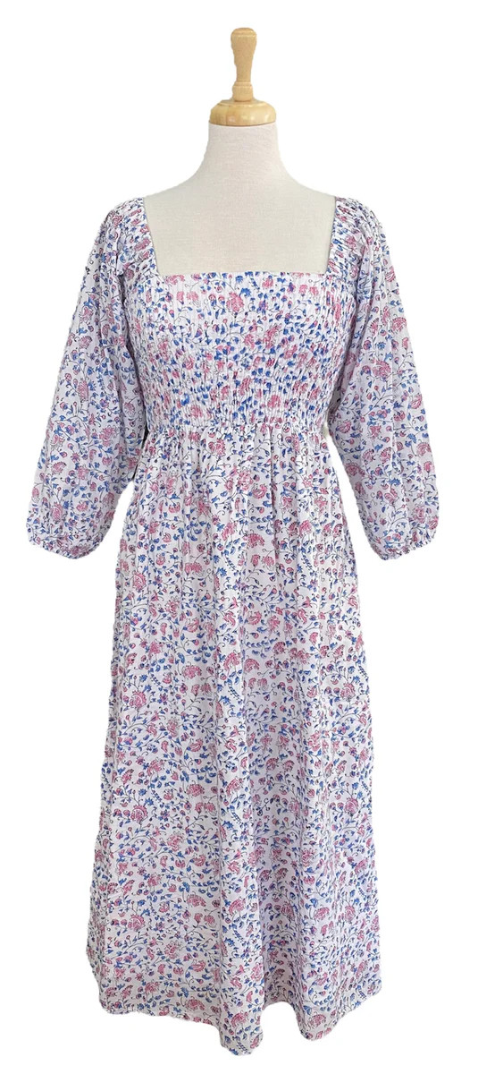 Sophie Midi Dress Pink and Blue Floral | Madison Mathews