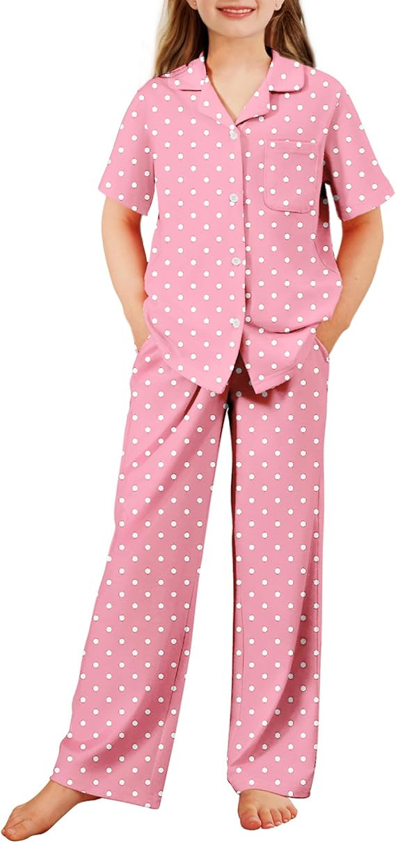 Arshiner Pajamas for Girls Short Sleeve Long Pants Outfit 2 Piece Sleepwear Button Pjs Sets | Amazon (US)