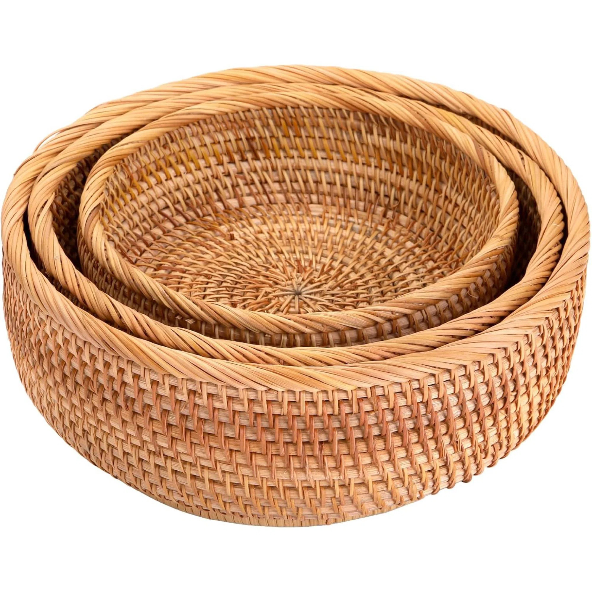 3 Pack Round Rattan Fruits Bread Baskets, Vintage Hand-Woven Wicker Fruit Serving Baskets Bowls F... | Wayfair North America