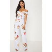 Blue Floral Crepe Bardot Folded Detail Jumpsuit | PrettyLittleThing US