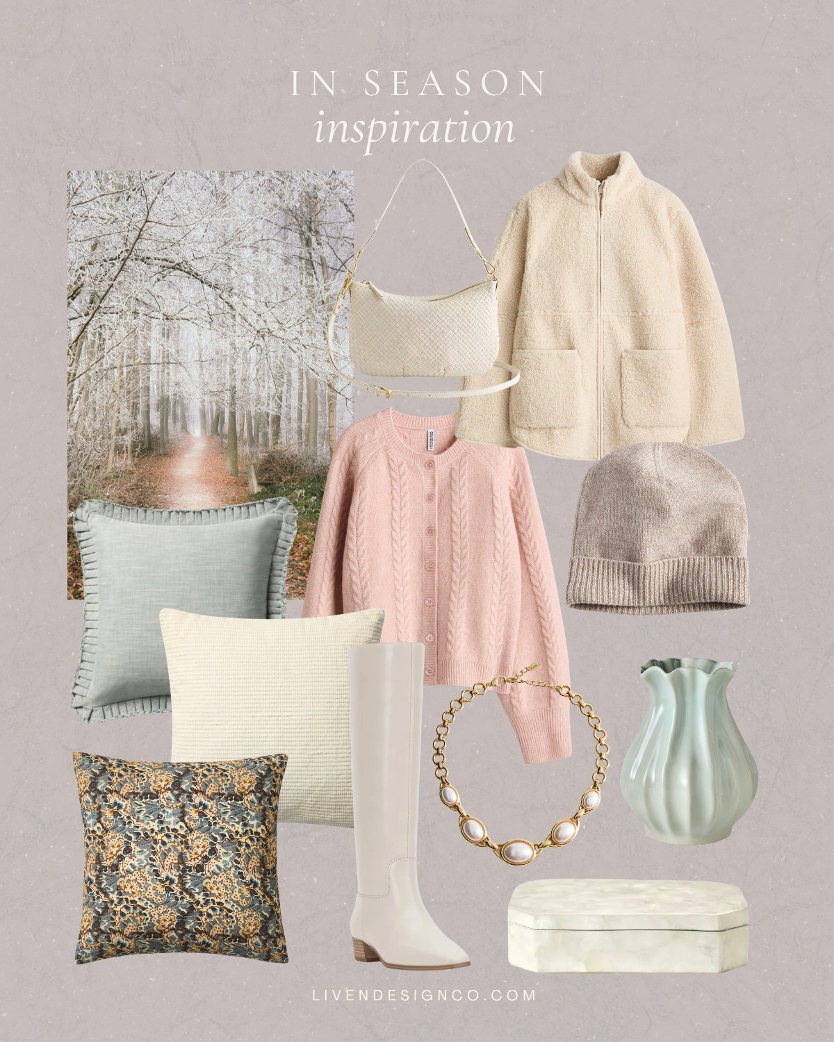 Winter style. Pink cardigan. Woven handbag. Throw pillows. Living room. Home decor. Ceramic vase. Fluted vase. Pearl necklace. Beanie. Cream boots. Knee high boots. 

#LTKSeasonal #LTKHome #LTKSaleAlert