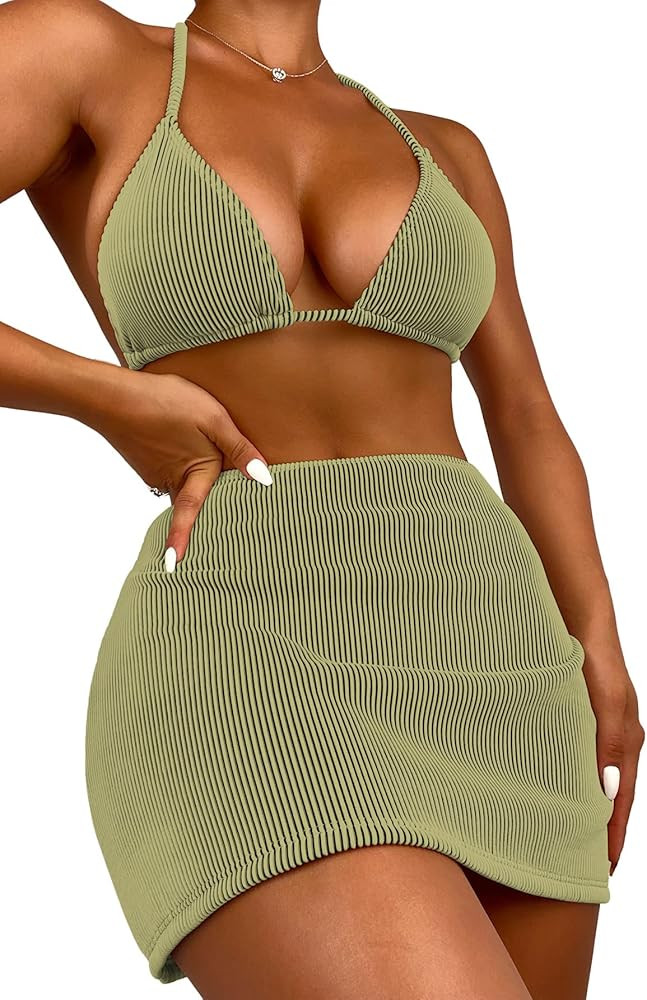 SweatyRocks Women's 3 Piece Zebra Striped Bikini Swimsuit Set & Beach Skirt Set Bathing Suit | Amazon (US)