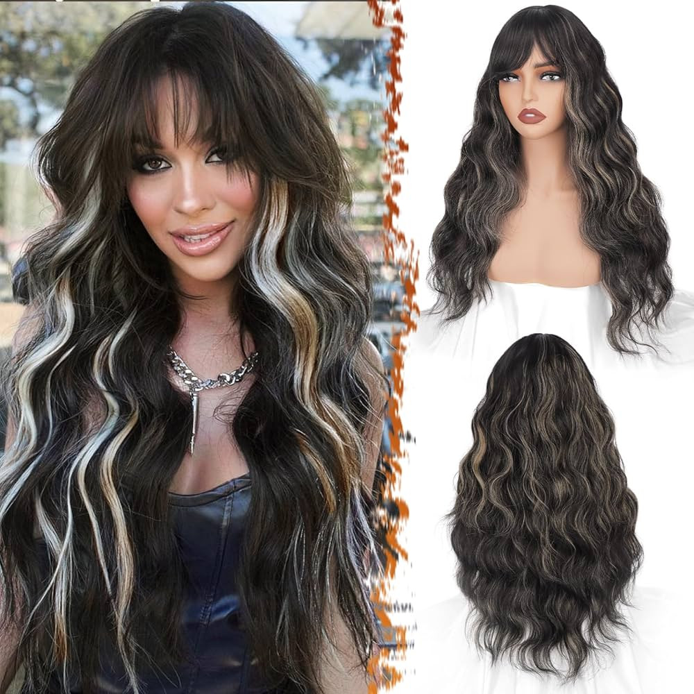 BARSDAR Long Wavy Black Blonde Highlight Wig With Bangs - 26 Inch Long Wavy Black Mix Blonde Wig ... | Amazon (US)
