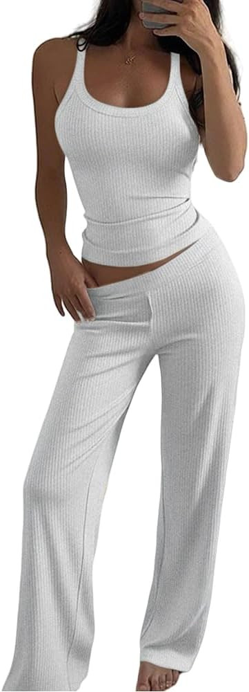 CHICME Women's 2 Piece Lounge Set U Neck Ribbed Knit Tank Top Pj Loungewear Casual Wide Leg Pants... | Amazon (US)