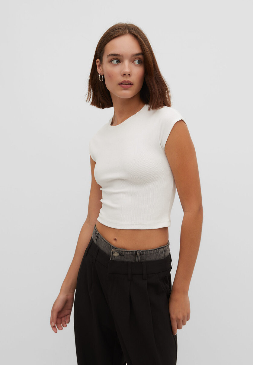 Cap sleeve T-shirt - Women's fashion | Stradivarius United Kingdom | Stradivarius (UK)