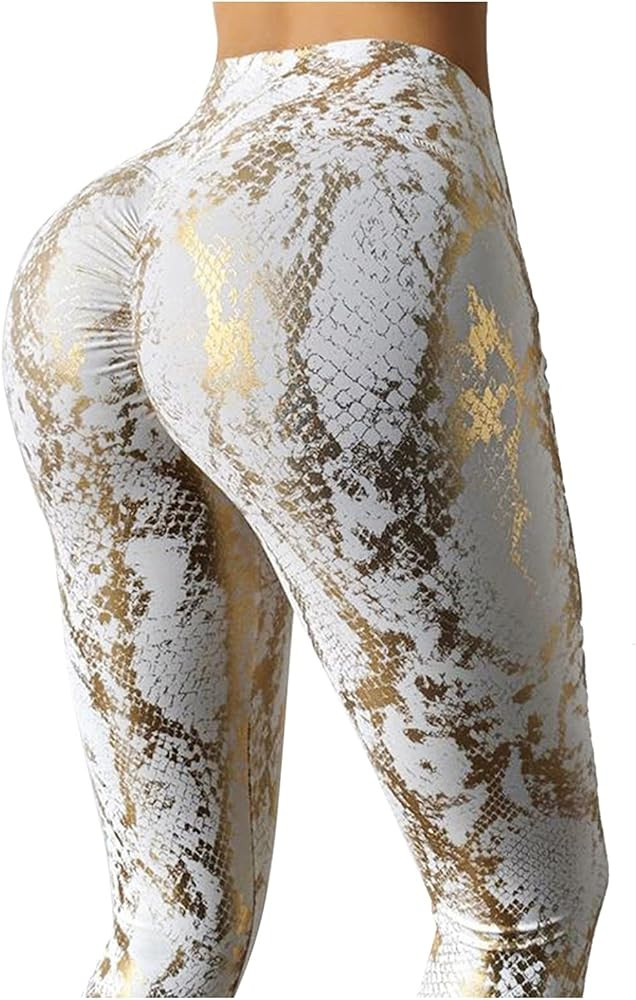 Kingspinner Shiny Metallic Leggings for Women Snakeskin Print Ruched Yoga Pant High Waist Wet Loo... | Amazon (US)