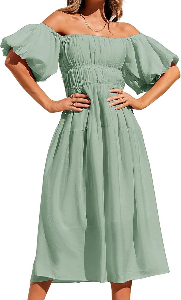 Women's 2024 Boho Off Shoulder Dress Puff Short Sleeves Flowy A Line Beach Party Midi Dresses | Amazon (US)
