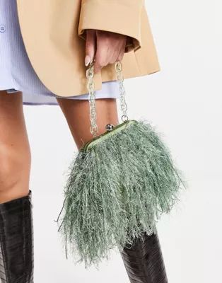 ASOS DESIGN faux feather clutch with resin handle in sage | ASOS (Global)