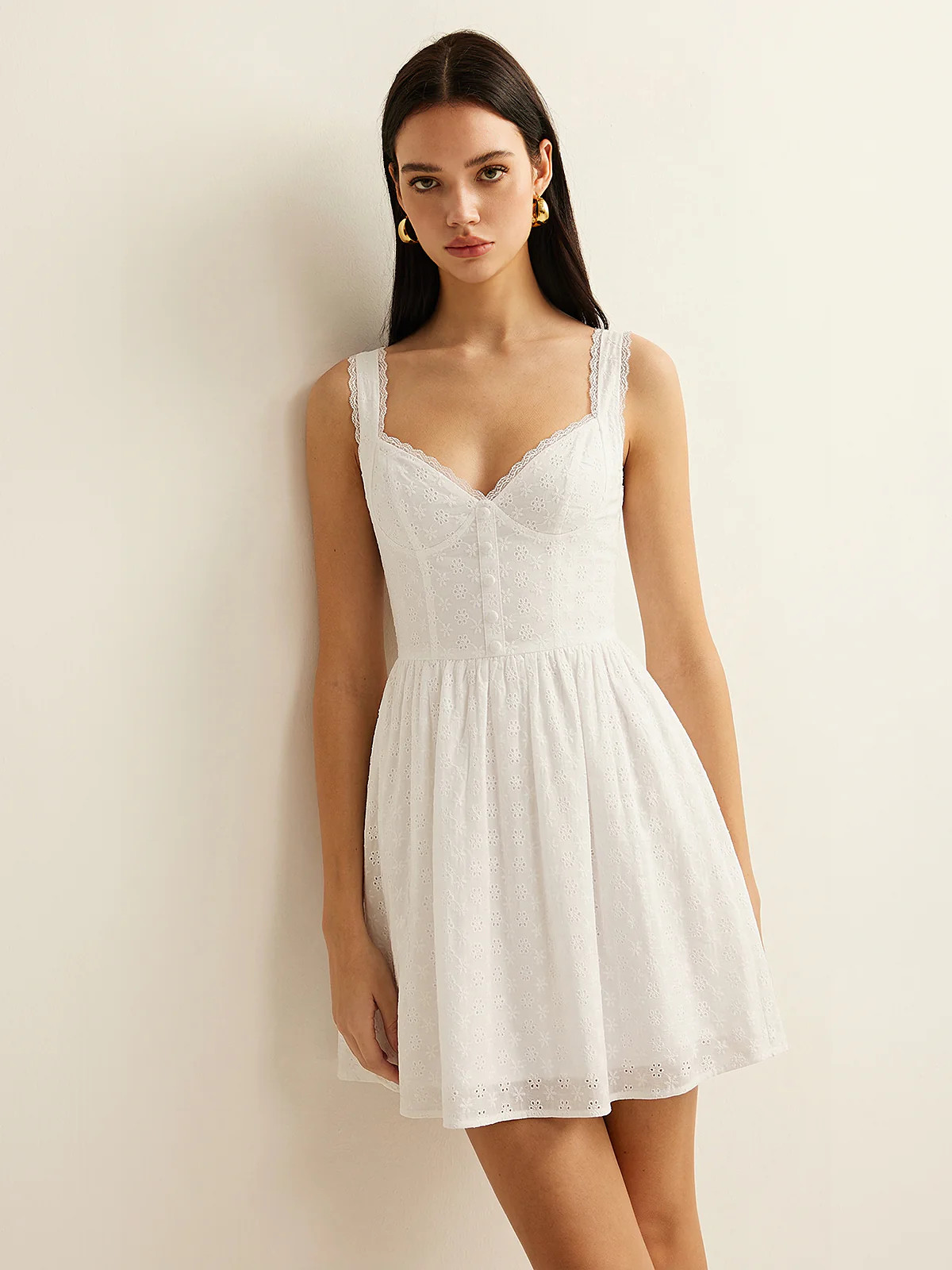 Cotton Eyelet Embroidered Lace Mini Dress | Commense