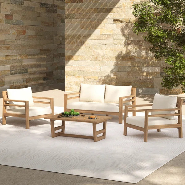 Leandro Outdoor Acacia Wood Conversation Set With Cushions | Wayfair North America