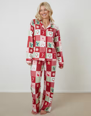 Threadbare Patchwork print long button-through christmas pyjamas (2-piece set) in red | ASOS (Global)