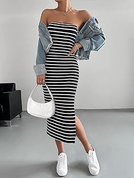 Floerns Women's Striped Strapless Textured Rib Tube Top Dress Split Thigh Bodycon Midi Dresses | Amazon (US)