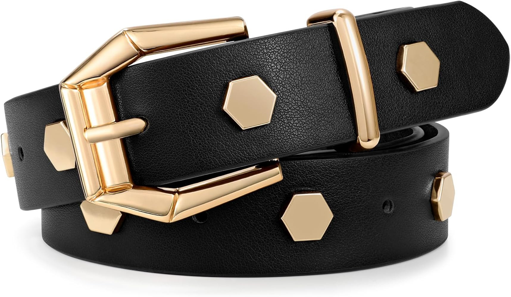 XZQTIVE Women's Leather Belt with Gold Hexagon Studs, Fashion Punk Style | Amazon (US)