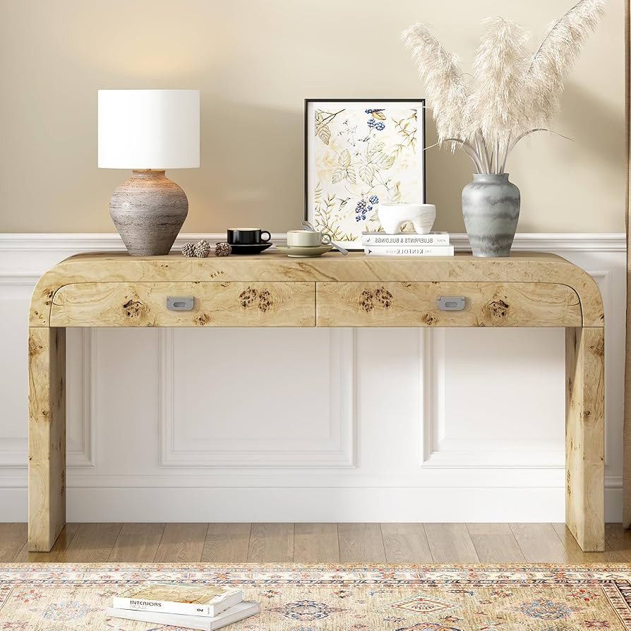 LUMISOL Unique Curved Console Table with 2 Drawers and Burl Wood Veneer, Natural Curved Enterway ... | Amazon (US)