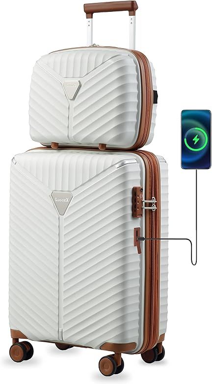 LUGGEX White Carry On Luggage with USB Port, PP Lightweight Suitcase with 14 Inch Case, Expandabl... | Amazon (US)
