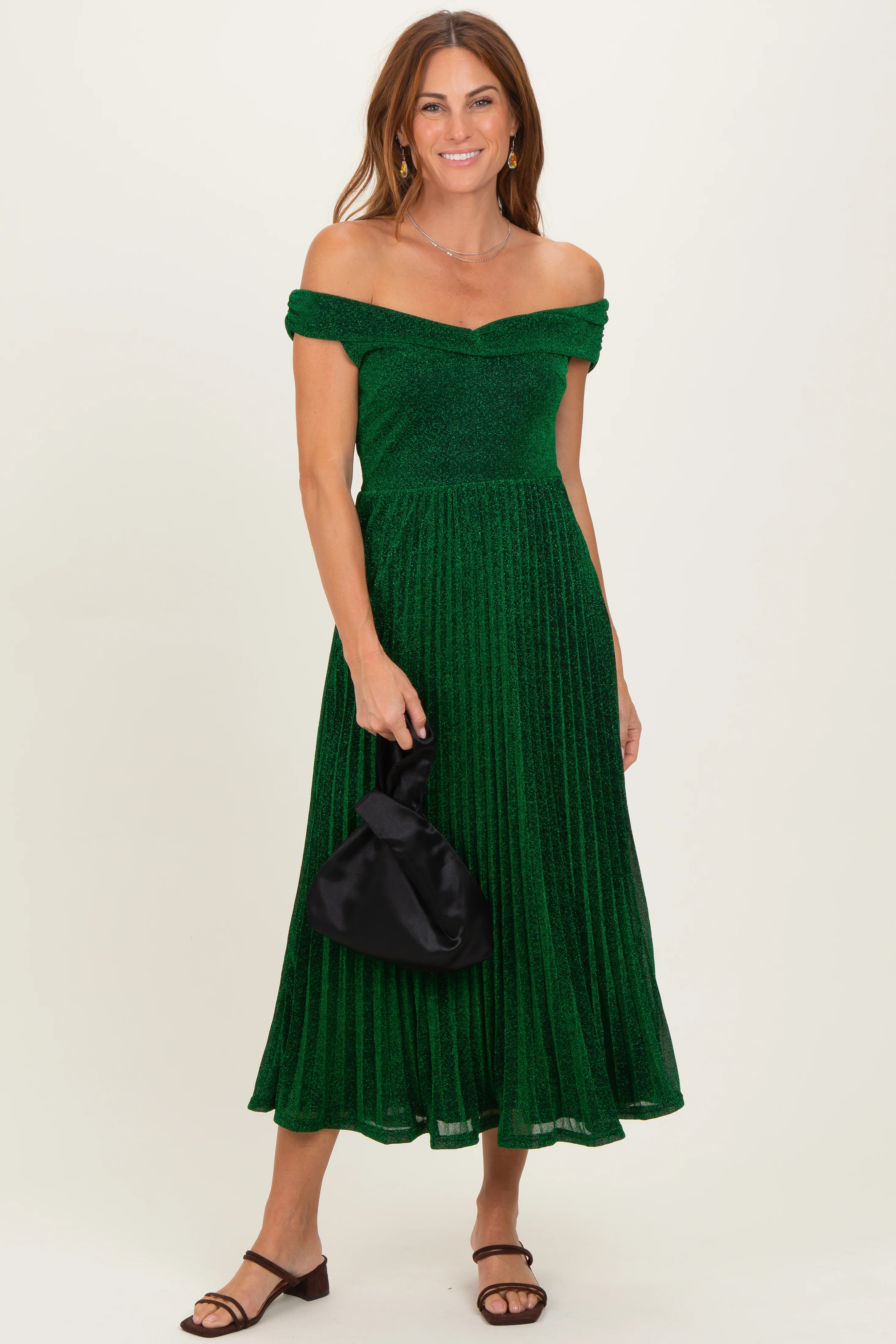 Forest Green Shimmer Off Shoulder Pleated Midi Dress | PinkBlush Maternity