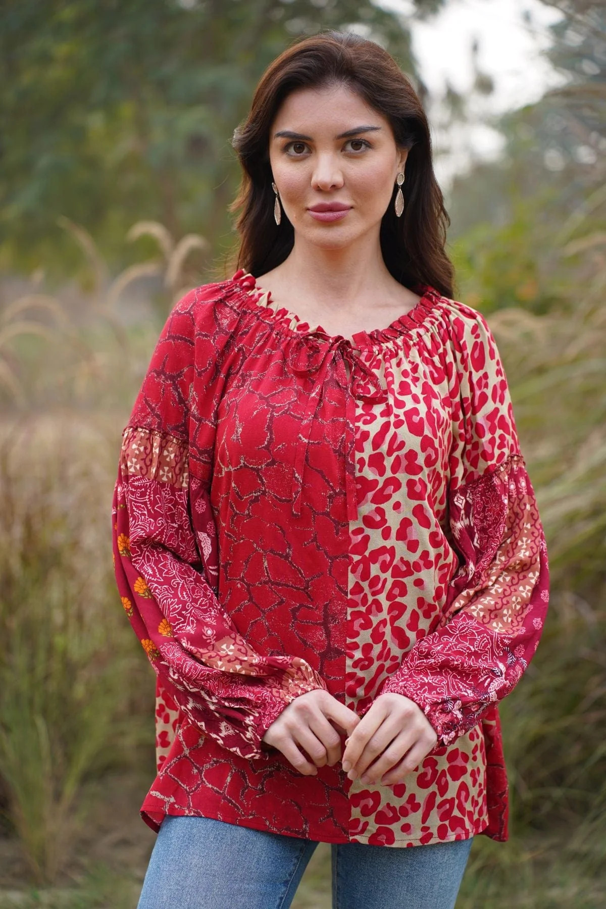 Boho Red Mixed Print Cotton Peasant Top | Avani Del Amour