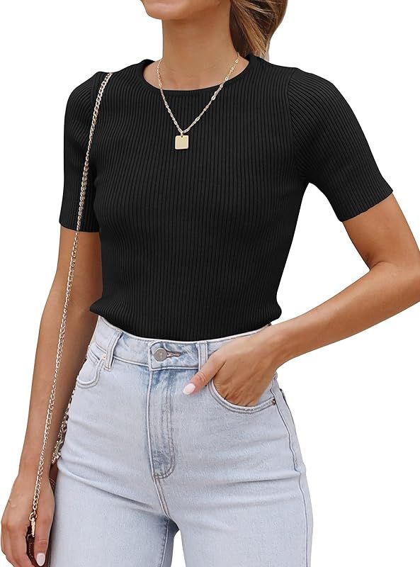 ZESICA Women's Short Sleeve Crewneck Ribbed Knit Slim Fit T Shirt 2023 Summer Basic Solid Color T... | Amazon (US)