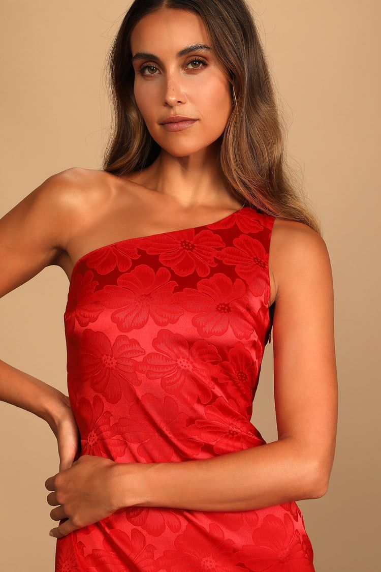 Chasing Desire Red Satin Jacquard One-Shoulder Maxi Dress | Lulus