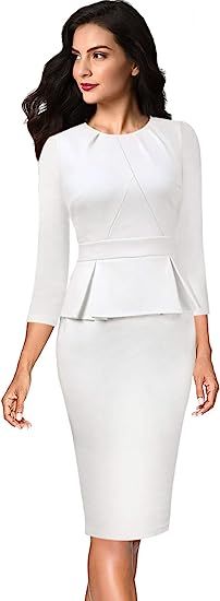 VFSHOW Womens Pleated Crew Neck Peplum Wear to Work Office Sheath Dress at Amazon Women’s Cloth... | Amazon (US)