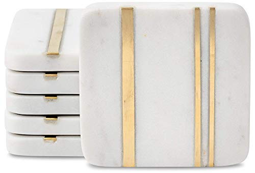 Cork & Mill Marble Coasters Set of 6 - Real Natural Stone - Luxury Aesthetic Square Coasters - Neutral White Marble with Gold Brass Inlay - Semi Absorbent Stone | Amazon (US)