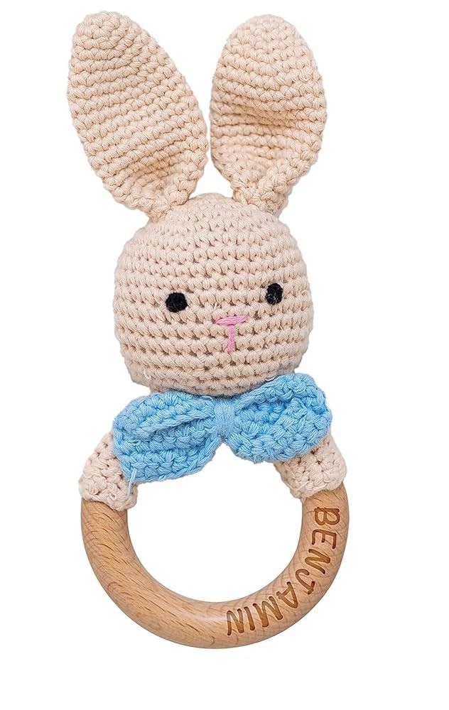 Personalized Baby Rattle with Name | Crochet Animals Bunny Rattle & Wooden Teether Ring | New Bab... | Amazon (US)