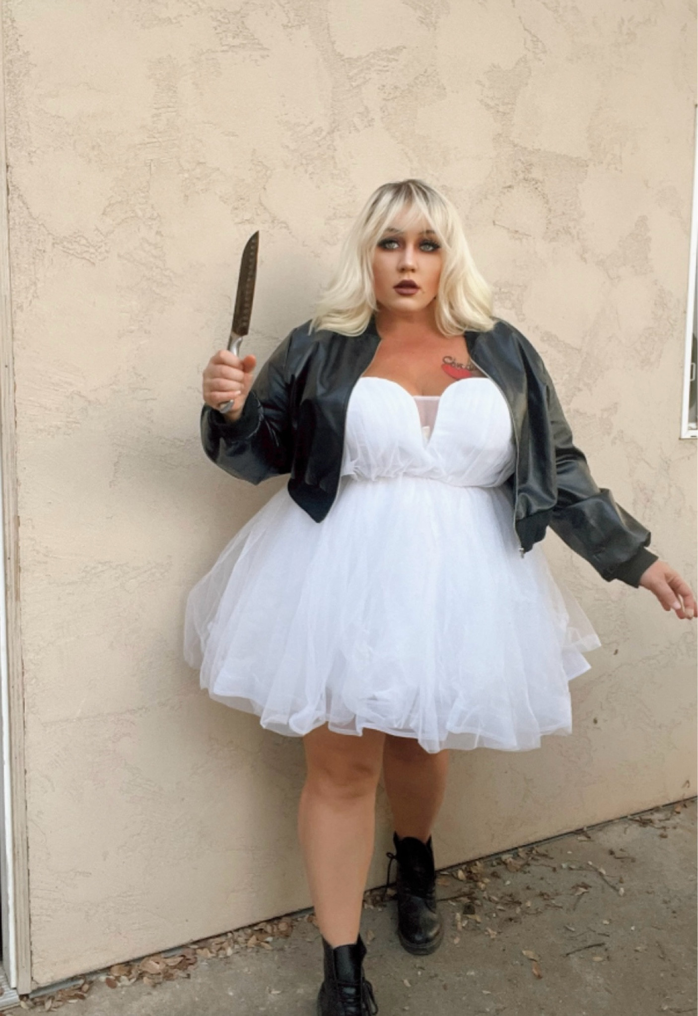 Bride if Chucky

leather jacket
short white tulle dress
black combat boots

#LTKHalloween #LTKMidsize #LTKPlusSize