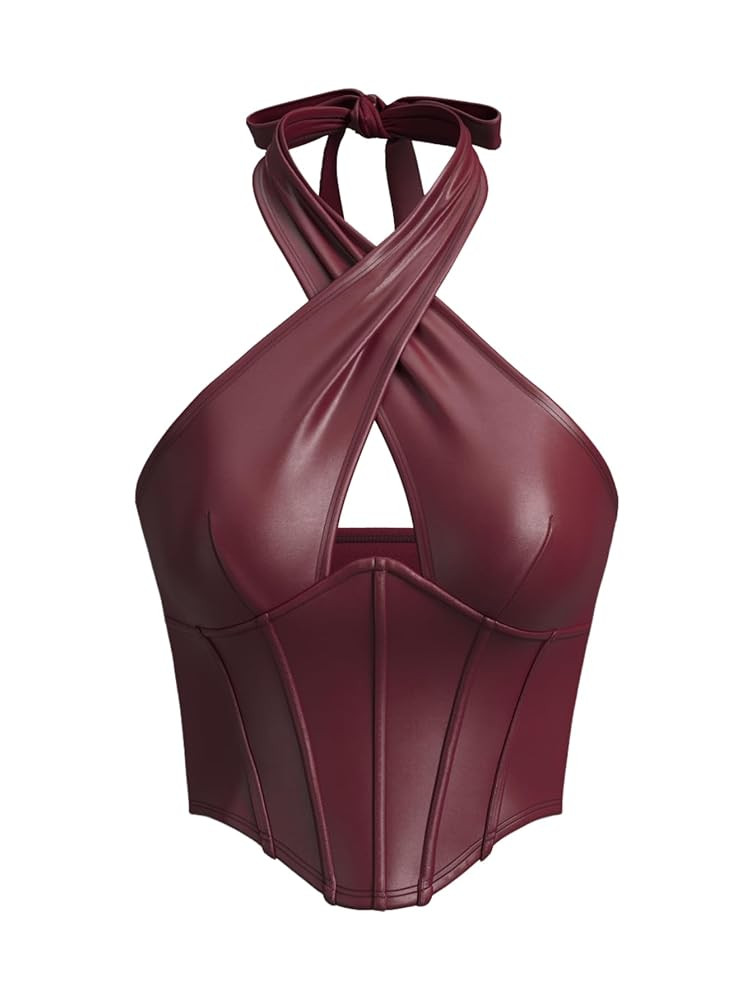 Verdusa Women's Rave Club Faux Leather Corset Tops Summer Cut Out Criss Cross Halter Top | Amazon (US)
