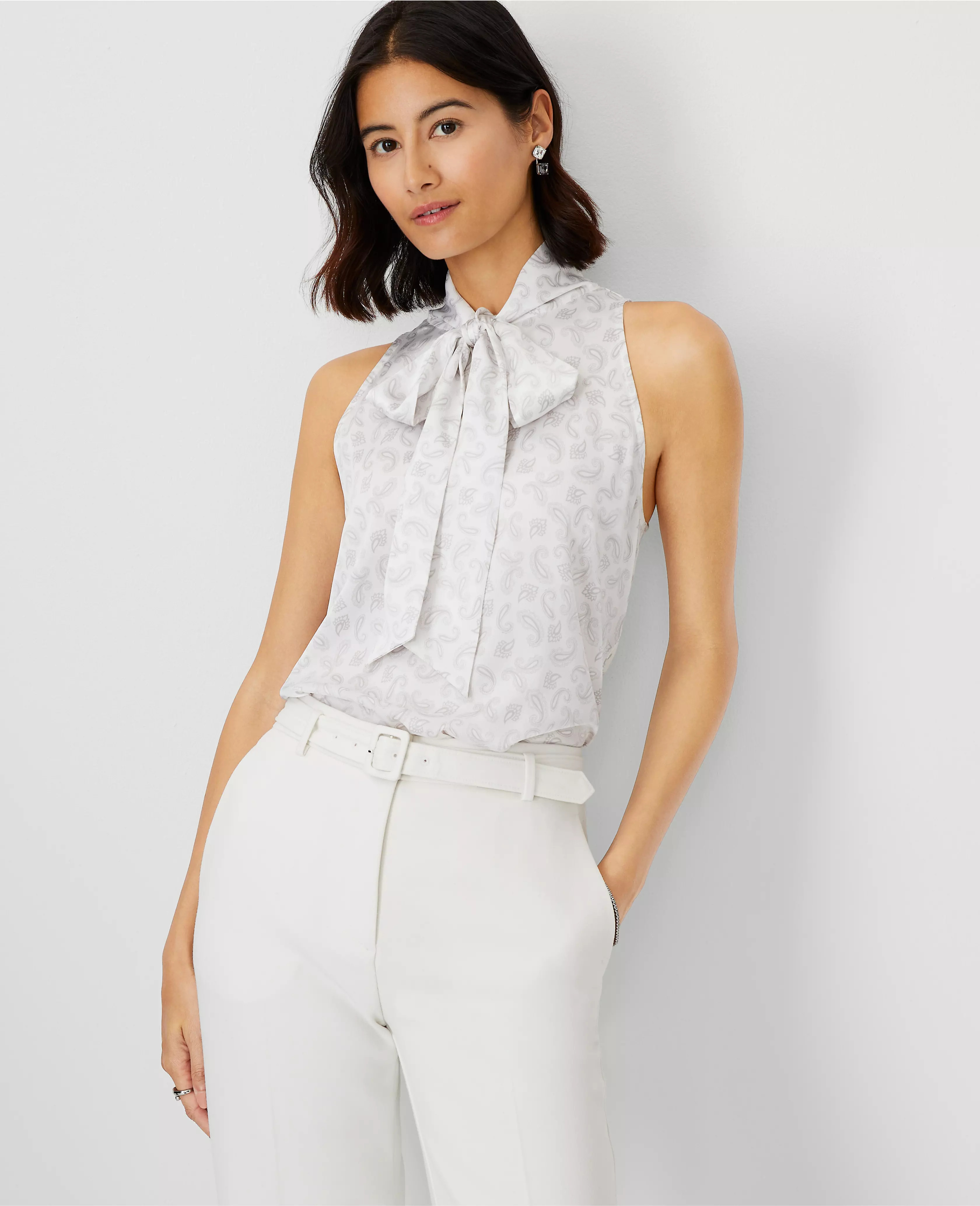 Shimmer Paisley Mixed Media Sleeveless Tie Neck Top | Ann Taylor (US)