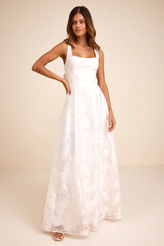 Perfected Aura White Jacquard Tie-Back Maxi Dress with Pockets | Lulus