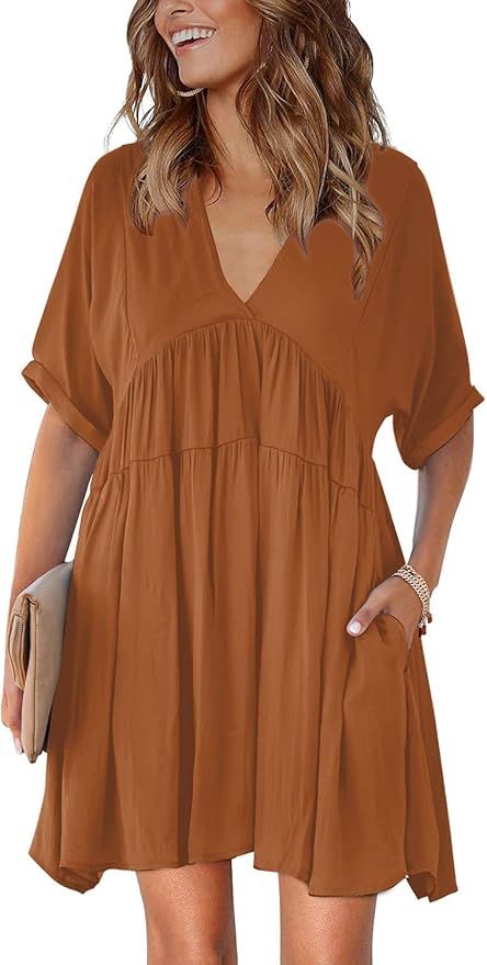 KIRUNDO Women's Summer V Neck Tunic Dress Casual Loose Flowy Mini Dress Tie Back Shift Dresses | Amazon (US)