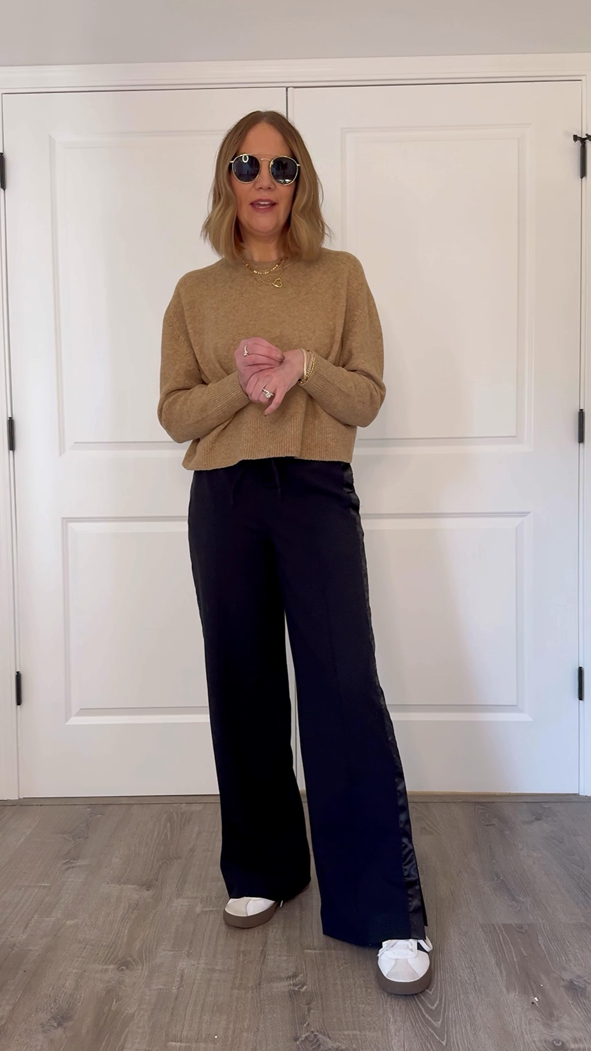 These elevated track pants from target are on sale and I’m kind of obsessed. You could absolutely dress these up, but I love how they look styled casually with these plush sweaters also from target and also on sale. Add a low profile sneaker and you’ll be comfy and look pulled together. Or snazz them up for date night with these red buckle flats
Pants small 
Sweaters large 
Studded, denim jacket, medium 



#LTKOver40 #LTKSaleAlert #LTKSeasonal