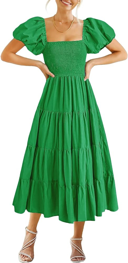 GOLDSTITCH Women's Smocked Maxi Dress Square Neck Ruffle Hem Puffy Short Sleeve Flowy Midi Dress | Amazon (US)