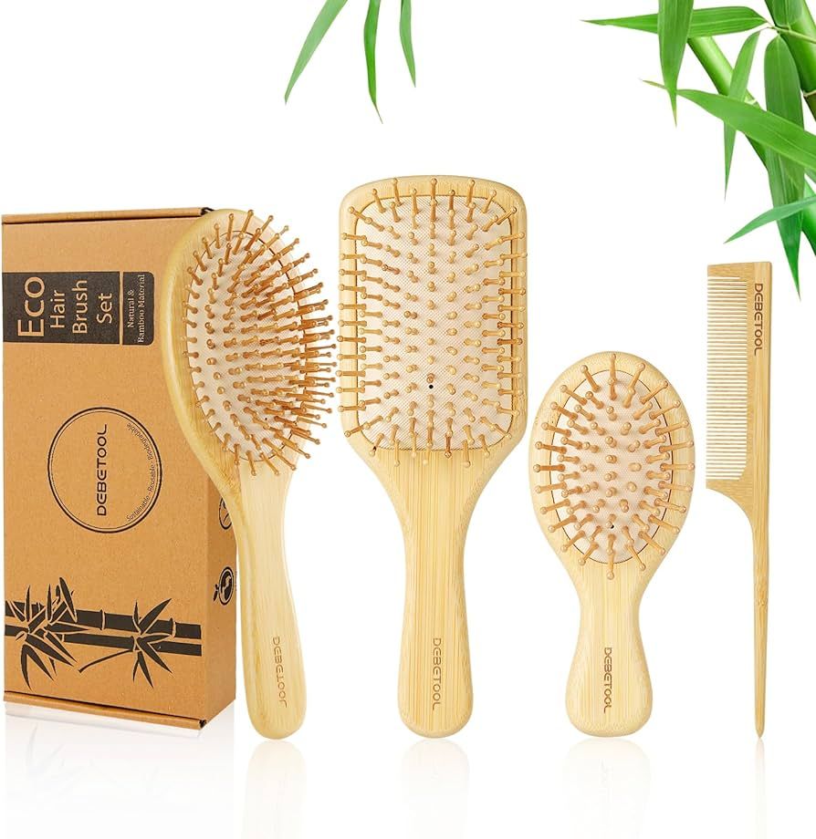 DEBETOOL Bamboo Hair Brush and Comb Set for Women Men and Kids,Natural Bamboo wood Wide-tooth bru... | Amazon (US)