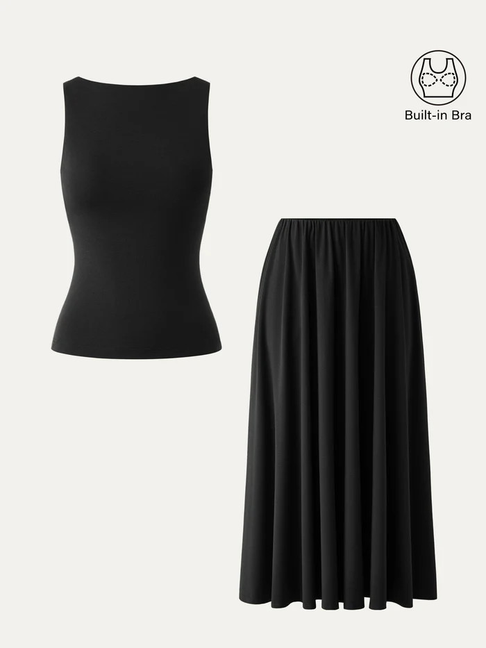 2Pcs Set Boatneck Brami Tank & Umbrella Maxi Skirt with Pockets | OGL