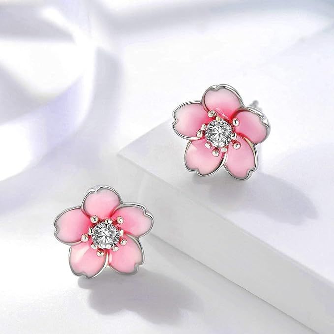 Pink Flower Earrings for Women, 925 Sterling Silver Stud Earrings, Cute Plumeria Earrings For Gir... | Amazon (US)