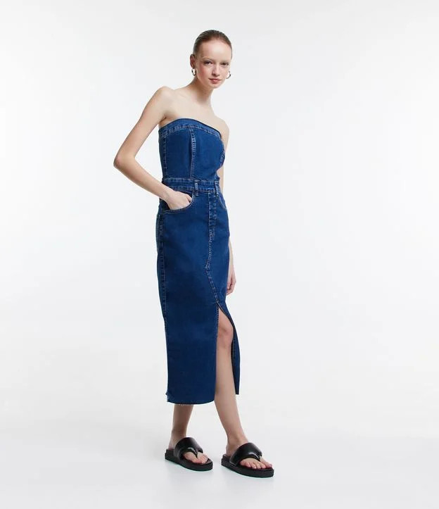 Vestido Midi Jeans com Fenda Frontal e Recorte Azul | Renner (BR)