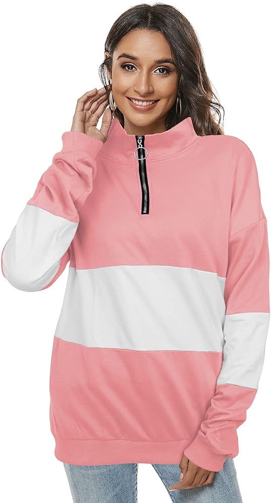 Womens Turtleneck Quarter Zip Pullover Sweatshirts Casual Color Block Tops | Amazon (US)