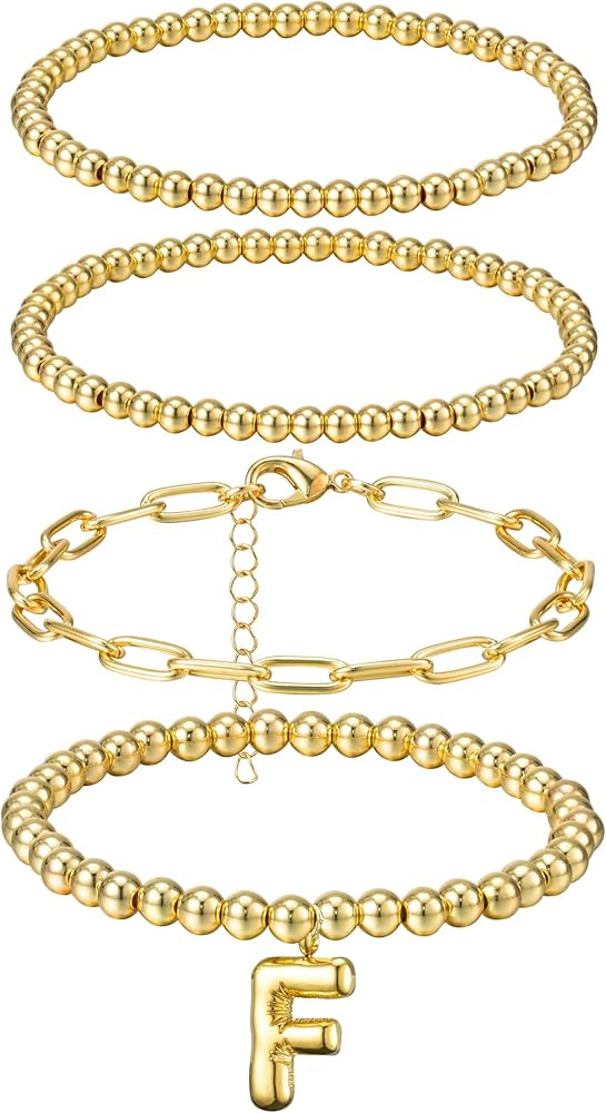 Y1tvei Mom Gold Beaded Bracelets - 5Pcs 14K Initial Gold Plated Stretch for Women Dainty A-Z Alph... | Amazon (US)