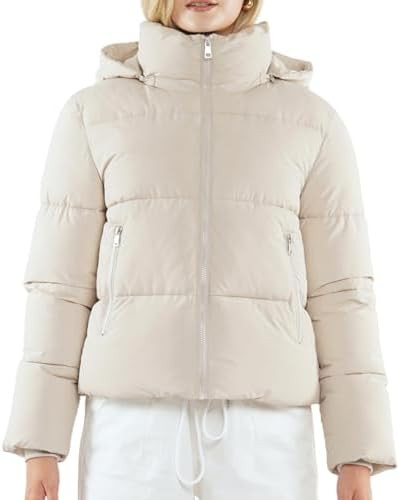 Women's Cropped Puffer Jackets,Warm Winter Jacket with Removable Hood,Zipped Pockets,Short Ladies... | Amazon (US)