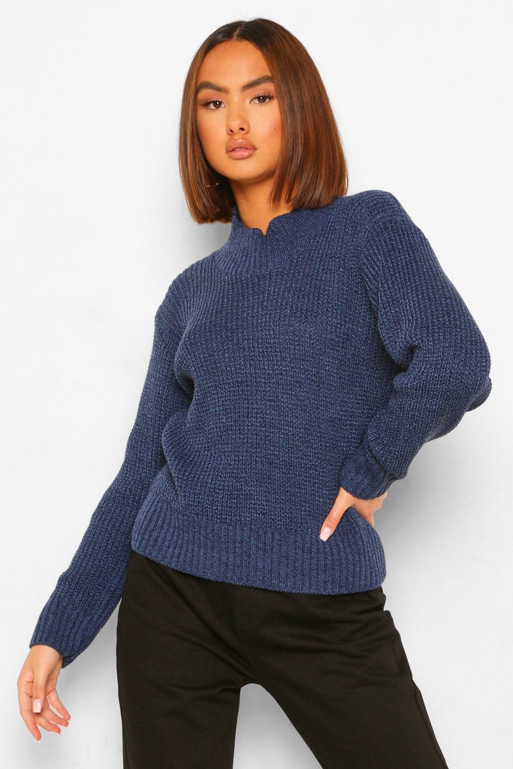 Womens Knitted Marl High Neck Sweater - Navy - L | Boohoo.com (US & CA)