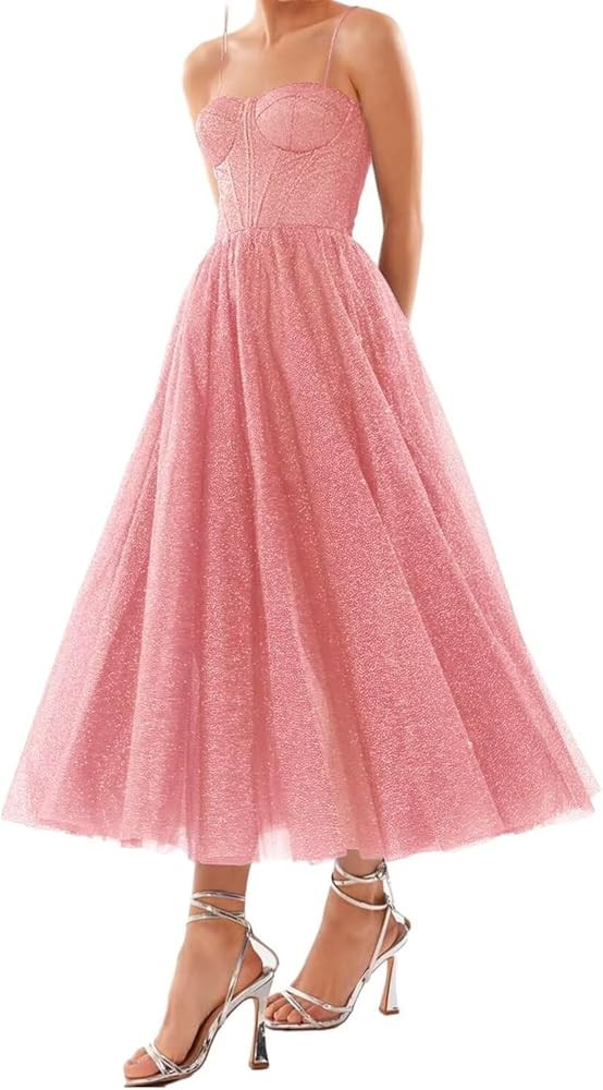 Glitter Tulle Tea Length Prom Dress for Teens A Line Formal Evening Party Gowns | Amazon (US)