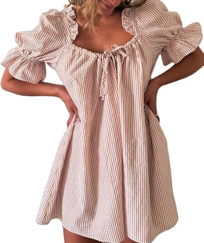 IDEWO Babydoll Dress Bow Babydoll Dress Puff Sleeve Babydoll Dress for Women Fairy Mini Dress Ruffle Boho Floral Short Slip (Pink,S,Small) | Amazon (US)