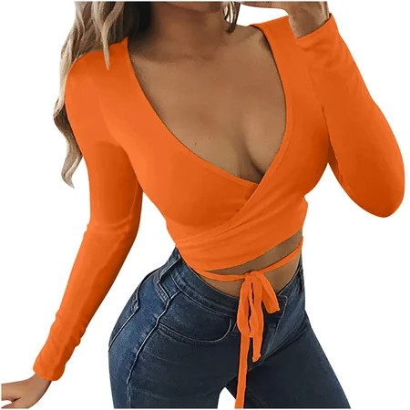 Women Sexy Deep V Neck Crop Top Bandage Wrap Tie Knot Front Long Sleeve Tight Cropped Fitted Cleavag | Walmart (US)